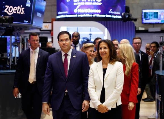 President of NYSE Group Lynn Martin accompanies United States Secretary of State Marco Rubio when he arrives on the floor of the New York Stock Exchange before ringing the opening bell on Wall Street on Monday, September 21, 2026 in New York City. The NYSE welcomed officials and guests of the United States Department of State to recognize the 81st Session of the United Nations General Assembly.  NYP20260921115 JOHNxANGELILLO