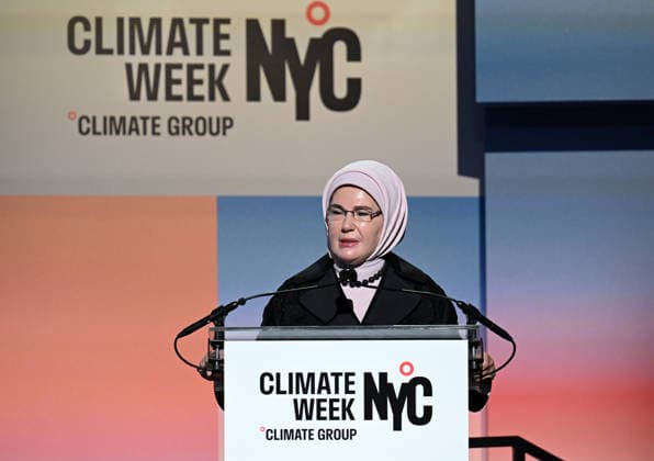 Turkish First Lady and Chair of the UN High-Level Advisory Board on Zero Waste Emine Erdogan NEW YORK, UNITED STATES - SEPTEMBER 21: Turkish First Lady and Chair of the UN High-Level Advisory Board on Zero Waste Emine Erdogan delivers a speech during the opening event of the New York Climate Week in New York, United States on September 21, 2026. Mehmet Ali Ozcan Anadolu New York United States. Editorial use only. Please get in touch for any other usage.  Copyright: x2026xAnadoluxMehmetxAlixOzcanx