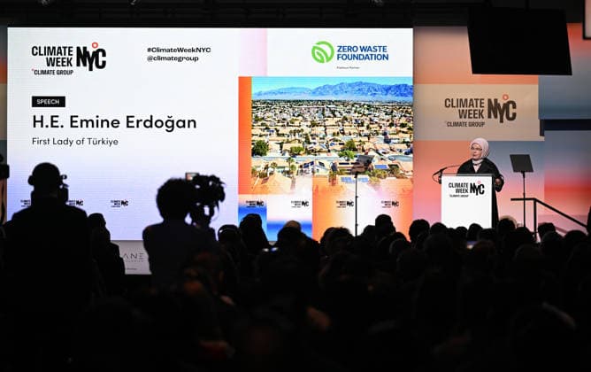 Turkish First Lady and Chair of the UN High-Level Advisory Board on Zero Waste Emine Erdogan NEW YORK, UNITED STATES - SEPTEMBER 21: Turkish First Lady and Chair of the UN High-Level Advisory Board on Zero Waste Emine Erdogan delivers a speech during the opening event of the New York Climate Week in New York, United States on September 21, 2026. Mehmet Ali Ozcan Anadolu New York United States. Editorial use only. Please get in touch for any other usage.  Copyright: x2026xAnadoluxMehmetxAlixOzcanx