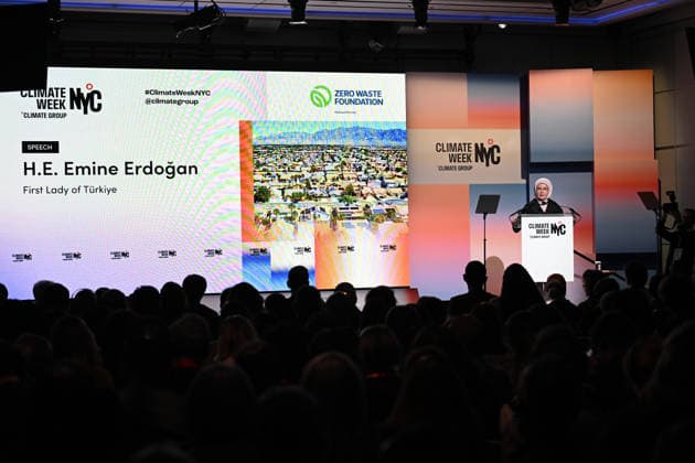 Turkish First Lady and Chair of the UN High-Level Advisory Board on Zero Waste Emine Erdogan NEW YORK, UNITED STATES - SEPTEMBER 21: Turkish First Lady and Chair of the UN High-Level Advisory Board on Zero Waste Emine Erdogan delivers a speech during the opening event of the New York Climate Week in New York, United States on September 21, 2026. Mehmet Ali Ozcan Anadolu New York United States. Editorial use only. Please get in touch for any other usage.  Copyright: x2026xAnadoluxMehmetxAlixOzcanx