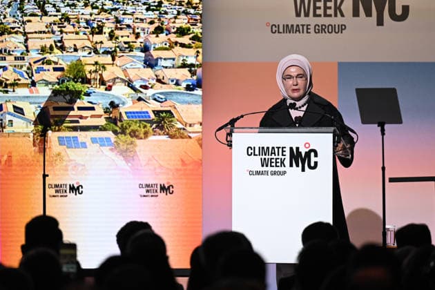 Turkish First Lady and Chair of the UN High-Level Advisory Board on Zero Waste Emine Erdogan NEW YORK, UNITED STATES - SEPTEMBER 21: Turkish First Lady and Chair of the UN High-Level Advisory Board on Zero Waste Emine Erdogan delivers a speech during the opening event of the New York Climate Week in New York, United States on September 21, 2026. Mehmet Ali Ozcan Anadolu New York United States. Editorial use only. Please get in touch for any other usage.  Copyright: x2026xAnadoluxMehmetxAlixOzcanx