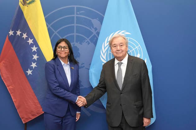 The United Nations (UN) Secretary-General, Antonio Guterres, greets the acting president of Venezuela, Delcy Rodriguez, during a meeting prior to the 81st United Nations General Assembly in New York, United States, 21 September 2026. Guterres meet with Delcy Rodríguez in New York !ACHTUNG: NUR REDAKTIONELLE NUTZUNG!  Copyright: xAngelxColmenaresx AME9547 20260921-55021467215_1
