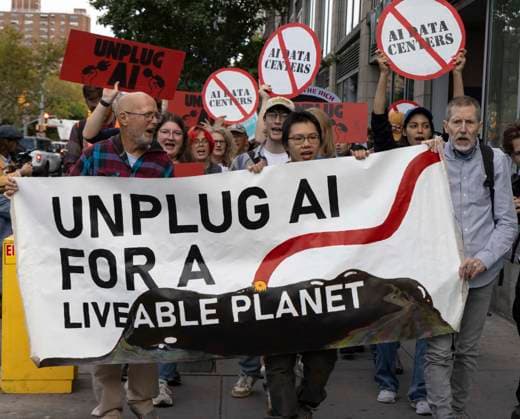 September 21, 2026: A coalition of climate organizations led by Climate Defenders march to the offices of OpenAI in Lower Manhattan s Soho neighborhood for an anti AI rally at the start of Climate Week. Attendees hold signs and banners that read UNPLUG AI FOR A LIVABLE PLANET UNPLUG AI circle slash (no) AI DATA CENTERS. Demonstrators denounce OpenAIÃ¢â‚¬â ¢s massive data center buildout for causing higher utility bills, pollution, depleting water supplies and for worsening the climate crisis by creating a larger demand for fossil fuels. Protesters call for elected government officials to regulate Artificial Intelligence and pass data center moratoriums to protect communities and the planet from Big Tech. - ZUMAr174 20260921_znp_r174_003 Copyright: xGinaxMxRandazzox