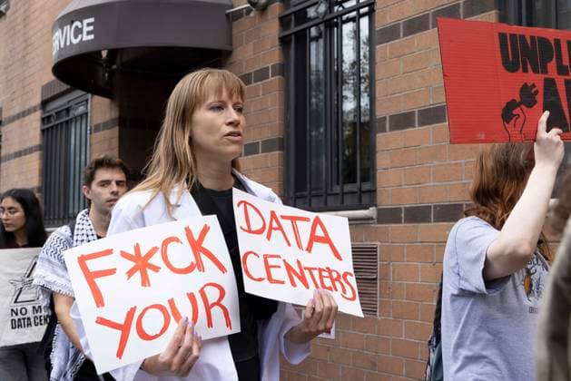 September 21, 2026: A coalition of climate organizations led by Climate Defenders hold an anti AI rally outside the offices of OpenAI in Lower Manhattan s Soho neighborhood at the start of Climate Week. An attendee holds signs that read FCK YOUR DATA CENTERS. Demonstrators denounce OpenAIÃ¢â‚¬â ¢s massive data center buildout for causing higher utility bills, pollution, depleting water supplies and for worsening the climate crisis by creating a larger demand for fossil fuels. Protesters call for elected government officials to regulate Artificial Intelligence and pass data center moratoriums to protect communities and the planet from Big Tech. - ZUMAr174 20260921_znp_r174_005 Copyright: xGinaxMxRandazzox