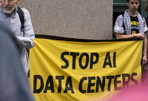 September 21, 2026: A coalition of climate organizations led by Climate Defenders hold an anti AI rally outside the offices of OpenAI in Lower Manhattan s Soho neighborhood at the start of Climate Week. Attendees hold a banner that reads STOP AI DATA CENTERS. Demonstrators denounce OpenAIÃ¢â‚¬â ¢s massive data center buildout for causing higher utility bills, pollution, depleting water supplies and for worsening the climate crisis by creating a larger demand for fossil fuels. Protesters call for elected government officials to regulate Artificial Intelligence and pass data center moratoriums to protect communities and the planet from Big Tech. - ZUMAr174 20260921_znp_r174_029 Copyright: xGinaxMxRandazzox