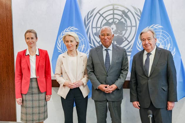 September 21, 2026, New York, New York, United States: L-R: European Union High Representative for Foreign Affairs and Security Policy KAJA KALLAS, European Commission President URSULA VON DER LEYEN, European Council President ANTONIO COSTA and United Nations Secretary-General ANTONIO GUTERRES pose for a photograph during a meeting at United Nations Headquarters during UN General Assembly High-Level Week. New York United States - ZUMAo116 20260921_znp_o116_023 Copyright: xBiancaxOterox