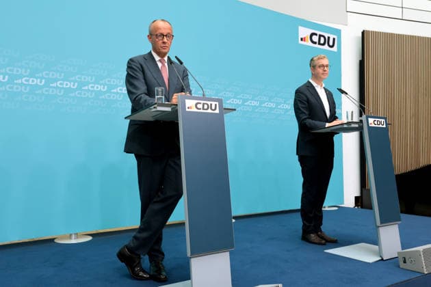 Friedrich Merz, Bundeskanzler, CDU, Stefan Evers, Spitzenkandidat der CDU für die Wahlen zum Abgeordnetenhaus, PK zu - Wahlergebnis zur Wahl in Berlin, Berlin, 21.09.2026