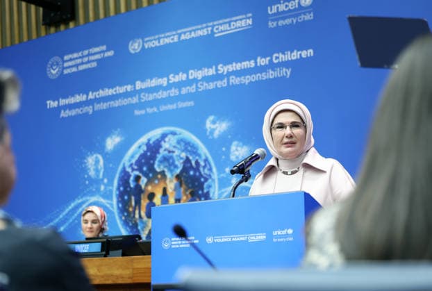 First Lady of Turkiye Emine Erdogan attend program on building safe digital systems for children at UN NEW YORK, UNITED STATES - SEPTEMBER 21: (----EDITORIAL USE ONLY - MANDATORY CREDIT - TURKISH PRESIDENCY MUSTAFA KAMACI HANDOUT - NO MARKETING NO ADVERTISING CAMPAIGNS - DISTRIBUTED AS A SERVICE TO CLIENTS----) First Lady of Turkiye and Chair of the UN High-Level Advisory Board on Zero Waste Emine Erdogan speaks during an event titled Invisible Architecture: Building Safe Digital Systems for Children - Advancing Global Standards and Shared Responsibility held on the sidelines of the 81st UN General Assembly in New York, United States on September 21, 2026. Organized under her auspices in collaboration with Türkiye s Ministry of Fa  Copyright: x2026xAnadoluxTURxPresidencyx xMustafaxKamacix