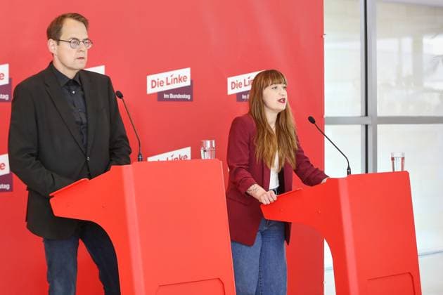 Berlin, Deutschland, 22.09.2026: Deutscher Bundestag: Linke-Fraktionssitzung: Sören Pellmann und Heidi Reichinnek, beide Linke, geben ein Pressestatement Copyright: xdtsxNachrichtenagenturx dts_135909