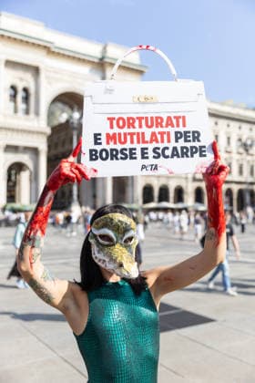 IPA88825814 - Milan, September 22, 2026, Piazza del Duomo, start of Fashion Week: a PETA animal rights flash mob featuring two women wearing crocodile masks and with their hands painted red to denounce the violence against exotic animals used in the manufacture of leather shoes, belts, and handbags  Copyright: xFrancescoxEnriquezx xFrancescoxEnriquezx IPA88825814