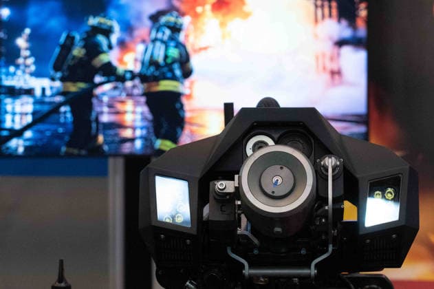 Feuerloescheinrichtung an einem HyperX1, Feuerloeschroboter mit Kettenantrieb, Feature, Randmotiv, Symbolfoto, Messe EUDEX Euro Defence Expo, am 22.09.2026 in der Messe Essen Deutschland.
