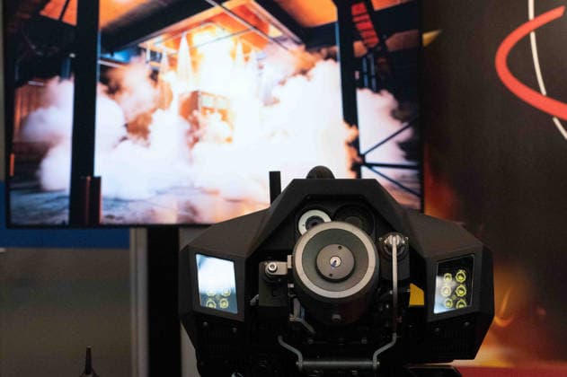 Feuerloescheinrichtung an einem HyperX1, Feuerloeschroboter mit Kettenantrieb, Feature, Randmotiv, Symbolfoto, Messe EUDEX Euro Defence Expo, am 22.09.2026 in der Messe Essen Deutschland.