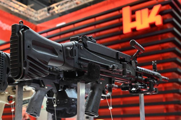 Messestand der Firma Heckler und Koch, HK, Kleinwaffen, Pistolen, Maschinengewehre, Gewehre fuer Spzielkraefte, Messe EUDEX Euro Defence Expo, am 22.09.2026 in der Messe Essen Deutschland.