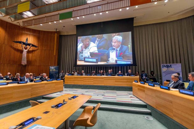 RECORD DATE NOT STATED EAM S. Jaishankar at P4M Summit in New York New York U.S. , Sep 22 (ANI): India s Foreign Minister S. Jaishankar, along with European Council President Antonio Costa, co-chairs the Partners for Multilateralism, International Law, Peace & Prosperity (P4M) Summit, in New York on Monday. (@DrSJaishankar X ANI Photo) New York USA Copyright: xANIx ANI_20260922025