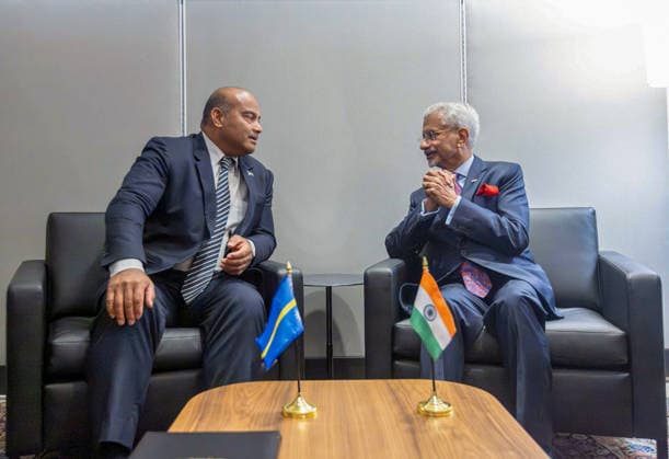 RECORD DATE NOT STATED EAM S. Jaishankar in New York New York U.S. , Sep 22 (ANI): India s Foreign Minister S. Jaishankar and Nauru President David Adeang hold bilateral talks on the sidelines of the 81st Session of UNGA 2026, in New York on Monday. (@DrSJaishankar X ANI Photo) New York USA Copyright: xANIx ANI_20260922050
