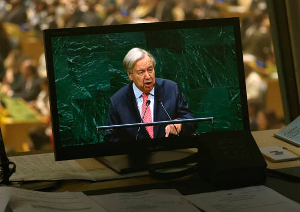 United Nations Secretary-General Antonio Guterres, seen on a TV monitor speaks at the UN General Assembly 81st session General Debate in UN General Assembly Hall at the United Nations Headquarters on Tuesday, September 22, 2026 in New York City.  NYP20260922404 PETERxFOLEY