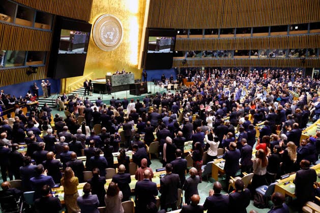 The audience rises and gives United Nations Secretary-General Antonio Guterres, a standing ovation at the UN General Assembly 81st session General Debate in UN General Assembly Hall at the United Nations Headquarters on Tuesday, September 22, 2026 in New York City.  NYP20260922405 PETERxFOLEY