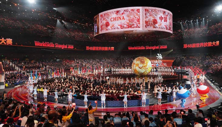 (260922) -- SHANGHAI, Sept. 22, 2026 -- The opening ceremony of the 48th WorldSkills Competition is held in east China s Shanghai, Sept. 22, 2026. The 48th WorldSkills Competition opened in Shanghai on Tuesday evening, with 1,385 competitors from 68 countries and regions vying in 64 skill events. ) CHINA-SHANGHAI-WORLDSKILLS COMPETITION-OPENING CEREMONY (CN) RenxPengfei 