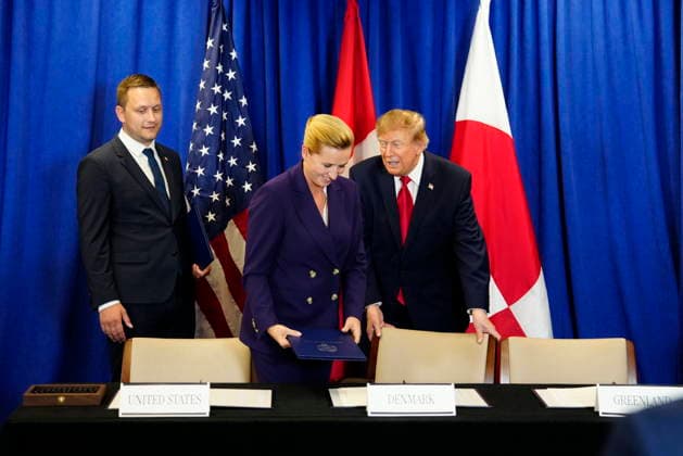 US Denmark Greenland Prime Minister Mette Frederiksen, Greenland s government leader Jens-Frederik Nielsen, and U.S. President Donald Trump during the signing ceremony at the UN building in New York, Tuesday, September 22, 2026. (Photo: Mads Claus Rasmussen Scanpix 2026) , New York Denmark Copyright: MadsxClausxRasmussenx spdk20260922-173005-L