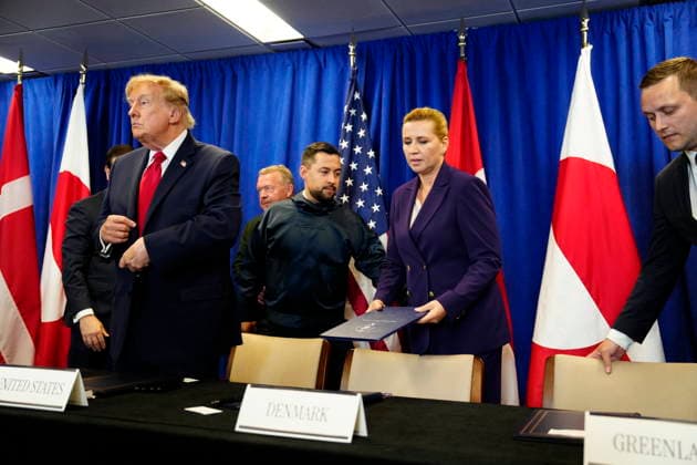 US Denmark Greenland Prime Minister Mette Frederiksen, Greenland s government leader Jens-Frederik Nielsen, and US President Donald Trump during the signing ceremony at the UN building in New York, Tuesday, September 22, 2026. (Photo: Mads Claus Rasmussen Scanpix 2026) , New York Denmark Copyright: MadsxClausxRasmussenx spdk20260922-174228-L