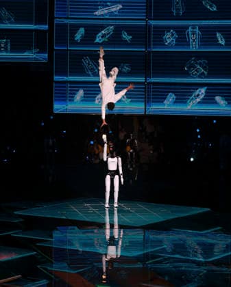 (260922) -- SHANGHAI, Sept. 22, 2026 -- An actor and a robot perform during the opening ceremony of the 48th WorldSkills Competition in east China s Shanghai, Sept. 22, 2026. The 48th WorldSkills Competition opened in Shanghai on Tuesday evening, with 1,385 competitors from 68 countries and regions vying in 64 skill events. ) CHINA-SHANGHAI-WORLDSKILLS COMPETITION-OPENING CEREMONY (CN) DingxHaitao 