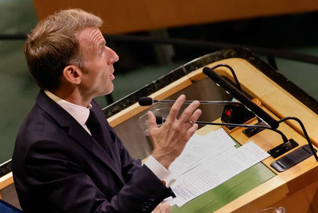 President of France Emmanuel Macron speaks at the UN General Assembly 81st session General Debate in UN General Assembly Hall at the United Nations Headquarters on Tuesday, September 22, 2026 in New York City.  NYP202609224031 PETERxFOLEY