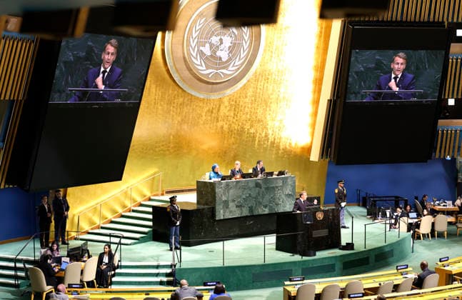 President of France Emmanuel Macron speaks at the UN General Assembly 81st session General Debate in UN General Assembly Hall at the United Nations Headquarters on Tuesday, September 22, 2026 in New York City.  NYP202609224032 PETERxFOLEY