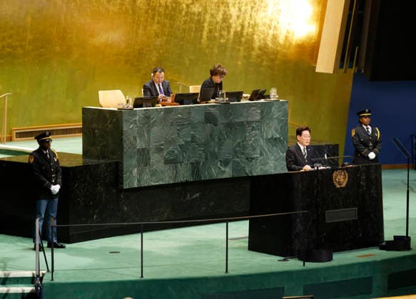 President Republic of Korea Lee Jae Myung speaks at the UN General Assembly 81st session General Debate in UN General Assembly Hall at the United Nations Headquarters on Tuesday, September 22, 2026 in New York City.  NYP202609228002 JOHNxANGELILLO