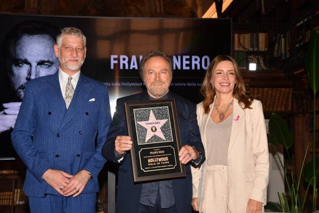 IPA88844542 - Rome, Ministry of Culture: Celebration for Franco Nero’s Stella Award. Pictured: Alessandro Giuli, Franco Nero, Lucia Borgonzoni  Copyright: xVincenzoxLandix xVincenzoxLandix IPA88844542