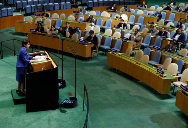 Prime Minister of Japan Takaichi Sanae speaks at the UN General Assembly 81st session General Debate in UN General Assembly Hall at the United Nations Headquarters on Tuesday, September 22, 2026 in New York City.  NYP202609228010 JOHNxANGELILLO