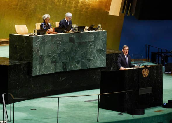 Prime Minister United Kingdom of Great Britain and Northern Ireland Andy Burnham speaks at the UN General Assembly 81st session General Debate in UN General Assembly Hall at the United Nations Headquarters on Tuesday, September 22, 2026 in New York City.  NYP202609228019 JOHNxANGELILLO