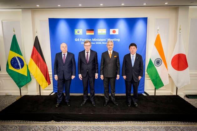 Reise des Bundesministers des Auswaertigen Johann Wadephul nach New York zur Teilnahme an der UN-Generalversammlung. Treffen der G4-Aussenminister. Brasilien: Mauro Vieira (Aussenminister). Deutschland: Johann Wadephul (Bundesaussenminister). Indien: Subrahmanyam Jaishankar (Minister fuer auswaertige Angelegenheiten). Japan: Iwaya Takeshi (Aussenminister). 22.09.2026. Fotografiert im Auftrag des Auswaertigen Amtes. New York City New York Copyright: xDominikxButzmannx