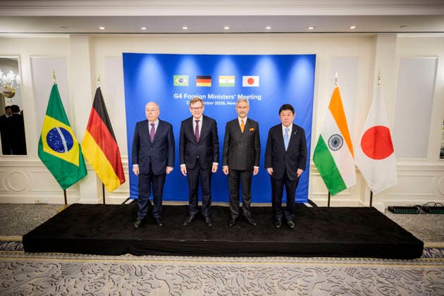 Reise des Bundesministers des Auswaertigen Johann Wadephul nach New York zur Teilnahme an der UN Generalversammlung. Treffen der G4 Aussenminister. Brasilien: Mauro Vieira (Aussenminister) Deutschland: Johann Wadephul (Bundesaussenminister). Indien: Subrahmanyam Jaishankar (Minister fuer auswaertige Angelegenheiten) Japan: Iwaya Takeshi (Aussenminister). 22.09.2026. Fotografiert im Auftrag des Auswaertigen Amtes. New York City New York Copyright: xDominikxButzmannx