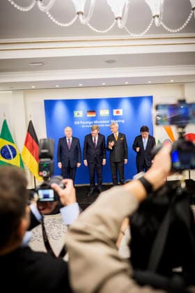 Reise des Bundesministers des Auswaertigen Johann Wadephul nach New York zur Teilnahme an der UN Generalversammlung. Treffen der G4 Aussenminister. Brasilien: Mauro Vieira (Aussenminister) Deutschland: Johann Wadephul (Bundesaussenminister). Indien: Subrahmanyam Jaishankar (Minister fuer auswaertige Angelegenheiten) Japan: Iwaya Takeshi (Aussenminister). 22.09.2026. Fotografiert im Auftrag des Auswaertigen Amtes. New York City New York Copyright: xDominikxButzmannx