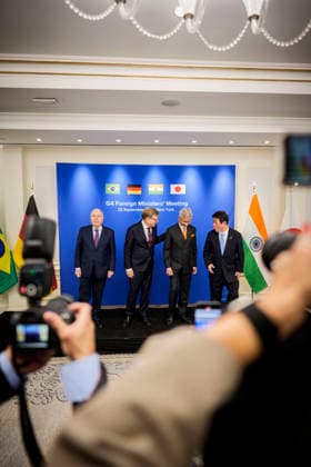 Reise des Bundesministers des Auswaertigen Johann Wadephul nach New York zur Teilnahme an der UN Generalversammlung. Treffen der G4 Aussenminister. Brasilien: Mauro Vieira (Aussenminister) Deutschland: Johann Wadephul (Bundesaussenminister). Indien: Subrahmanyam Jaishankar (Minister fuer auswaertige Angelegenheiten) Japan: Iwaya Takeshi (Aussenminister). 22.09.2026. Fotografiert im Auftrag des Auswaertigen Amtes. New York City New York Copyright: xDominikxButzmannx