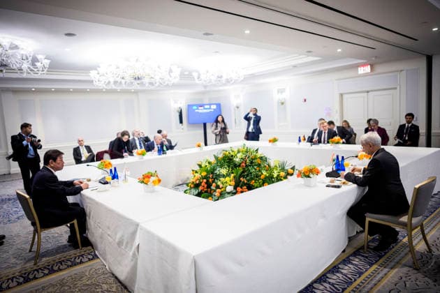 Reise des Bundesministers des Auswaertigen Johann Wadephul nach New York zur Teilnahme an der UN-Generalversammlung. Treffen der G4-Aussenminister. Brasilien: Mauro Vieira (Aussenminister). Deutschland: Johann Wadephul (Bundesaussenminister). Indien: Subrahmanyam Jaishankar (Minister fuer auswaertige Angelegenheiten). Japan: Iwaya Takeshi (Aussenminister). 22.09.2026. Fotografiert im Auftrag des Auswaertigen Amtes. New York City New York Copyright: xDominikxButzmannx