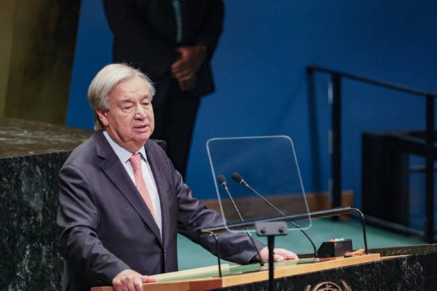 September 22, 2026, New York, New York, United States: UN Secretary-General ANTONIO GUTERRES addresses world leaders during the opening of the General Debate of the 81st UN General Assembly. Guterres warned of widening global divisions and focused on war and peace, inequality, the climate crisis and artificial intelligence, calling for stronger international cooperation, respect for international law, Security Council reform and safeguards around AI. The address marked GuterresÃ¢â‚¬â ¢ final UNGA as Secretary-General. New York United States - ZUMAo116 20260922_znp_o116_003 Copyright: xBiancaxOterox