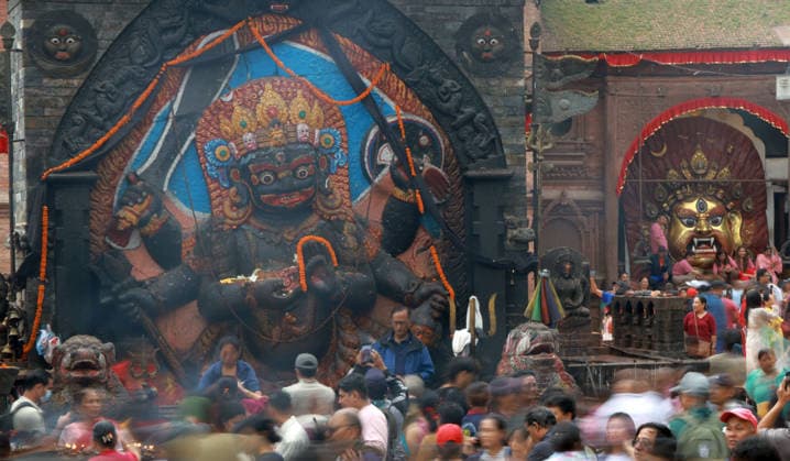 September 23, 2026, Kathmandu, Nepal: People gather to offer prayers at Kal Bhairav and Swet Bhairav to mark the beginning of the Indrajatra Festival at Hanumandhoka Durbar Square in Kathmandu, Nepal on September 23, 2026. Nepali celebrate the Indra Jatra festival to worship Indra, the god of rain according to the Hindu myth and to mark the end of monsoon season. Kathmandu Nepal - ZUMAs233 20260923_zap_s233_014 Copyright: xSunilxSharmax