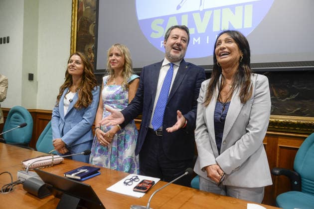 Foto IPP Marco Mattei Roma 23 09 2026 Camera dei deputati conferenza stampa della Lega per illustrare una proposta di legge contro l integralismo islamico in Italia nella foto Susanna Ceccardi Sivia Sardone Matteo Salvini Anna Cisint Italy Photo Press - World Copyright .