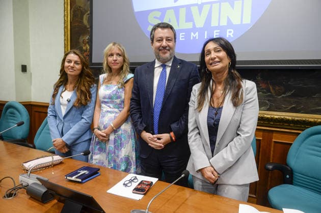 Foto IPP Marco Mattei Roma 23 09 2026 Camera dei deputati conferenza stampa della Lega per illustrare una proposta di legge contro l integralismo islamico in Italia nella foto Susanna Ceccardi Sivia Sardone Matteo Salvini Anna Cisint Italy Photo Press - World Copyright .
