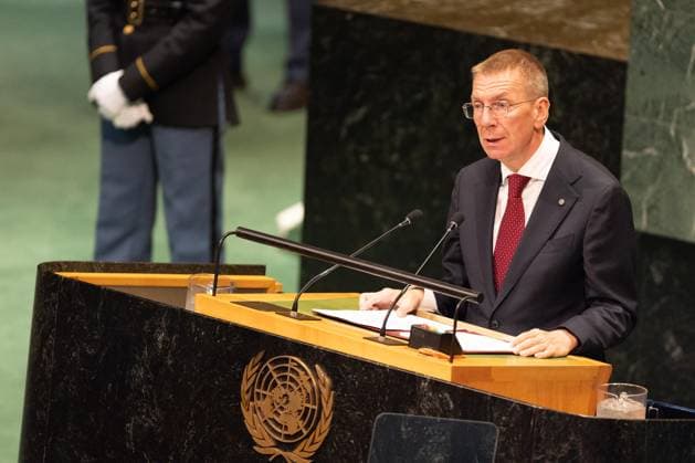 September 23, 2026, New York City, USA: Latvian President Edgars Rinkevics delivers a speech on the second day of the General Debate of the 81st session of the United Nations General Assembly at the UN Headquarters in New York City. New York City USA - ZUMAl194 20260923_zip_l194_006 Copyright: xMarekxLadzinskix