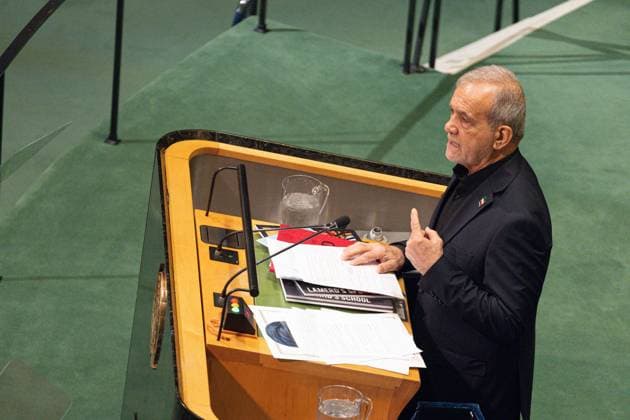 September 23, 2026, New York City, USA: Iranian President Masoud Pezeshkian delivers an address during the General Debate of the 81st session of the United Nations General Assembly at the UN Headquarters in New York City. New York City USA  - ZUMAl194 20260923_zip_l194_020 Copyright: xMarekxLadzinskix