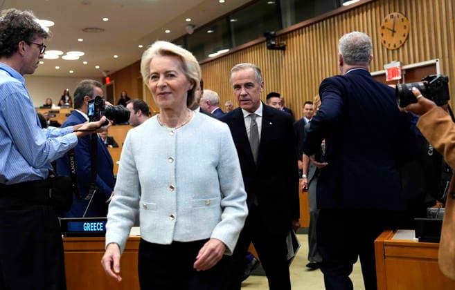 September 23, 2026, XUN: Prime Minister Mark Carney and European Commission President Ursula von der Leyen arrive for a high-level pledging event for the OceanEye International Alliance in support of the Global Ocean Observing System (GOOS), on the sidelines of the the United Nations General Assembly (UNGA) at the UN headquarters on Wednesday, Sept. 23, 2026. XUN  - ZUMAc35_ 20260923_zaf_c35_015 Copyright: xJustinxTangx