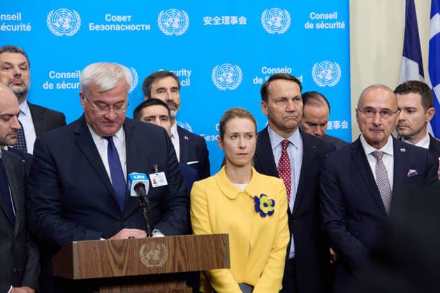 September 23, 2026, New York, New York, USA: Andrii Sybiha, Minister for Foreign Affairs of Ukraine, speaks during a joint press encounter on Ukraine as Kaja Kallas (R), High Representative of the European Union for Foreign Affairs and Security Policy, and other officials and attendees gather beside him at United Nations headquarters in New York City. New York USA - ZUMAs237 20260923_aap_s237_005 Copyright: xMarkxJ.xSullivanx