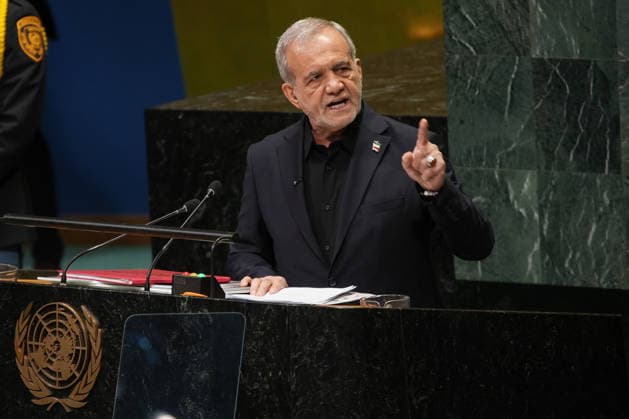 September 23, 2026, New York, New York, USA: Iran s President MASOUD PEZESHKIAN speaks during the United Nations General Assembly (UNGA). The theme of the 81st session of the United Nations General Assembly is Restoring trust, managing transformation: A United Nations that delivers for all. New York United States - ZUMAs375 20260923_znp_s375_005 Copyright: xStephanixSpindelx