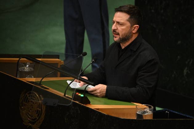 President Zelenskyy of Ukraine Addresses the United Nations General Assembly President Volodymyr Zelenskyy of Ukraine addresses day 2 of the opening of the 81st Session of the United Nations General Assembly at United Nations Headquarters in New York, New York, USA on Wednesday, 23 September, 2026. Photo by Kyle Mazza CNP ABACAPRESS.COM New York New York United States  Copyright: xCNP ABACAx