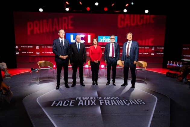 First Debate of the French Socialist Party Primary - Paris EB Raphael Glucksmann, Emmanuel Maurel, Segolene Royal, Olivier Faure and Jerome Guedj during the First Debate of the French Socialist Party Primary at TF1 in Paris on November, 2026. Photo by Eliot Blondet ABACAPRESS.COM Paris France France  Copyright: xBlondetxEliot ABACAx