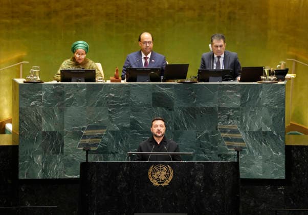 President of Ukraine Volodymyr Zelensky speaks at the UN General Assembly 81st session General Debate in UN General Assembly Hall at the United Nations Headquarters on Wednesday, September 23, 2026 in New York City.  NYP2026092320301 JOHNxANGELILLO