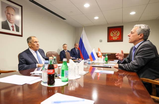 USA, NEW YORK CITY - SEPTEMBER 23, 2026: Sergei Lavrov, Russia s Foreign Minister, and his counterpart Ignazio Cassis (L-R front) of Switzerland hold a meeeting on the sidelines of the 2026 High-level Week during the 81st session of the UN General Assembly. Alexander Shcherbak TASS  98212197
