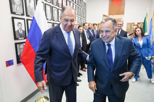 USA, NEW YORK CITY - SEPTEMBER 23, 2026: Sergei Lavrov (L), Russia s Foreign Minister, and Nabil Fahmy, Secretary General of the Arab League, arrive for a meeting on the sidelines of the 2026 High-level Week as part of the 81st session of the UN General Assembly. Alexander Shcherbak TASS  98214025
